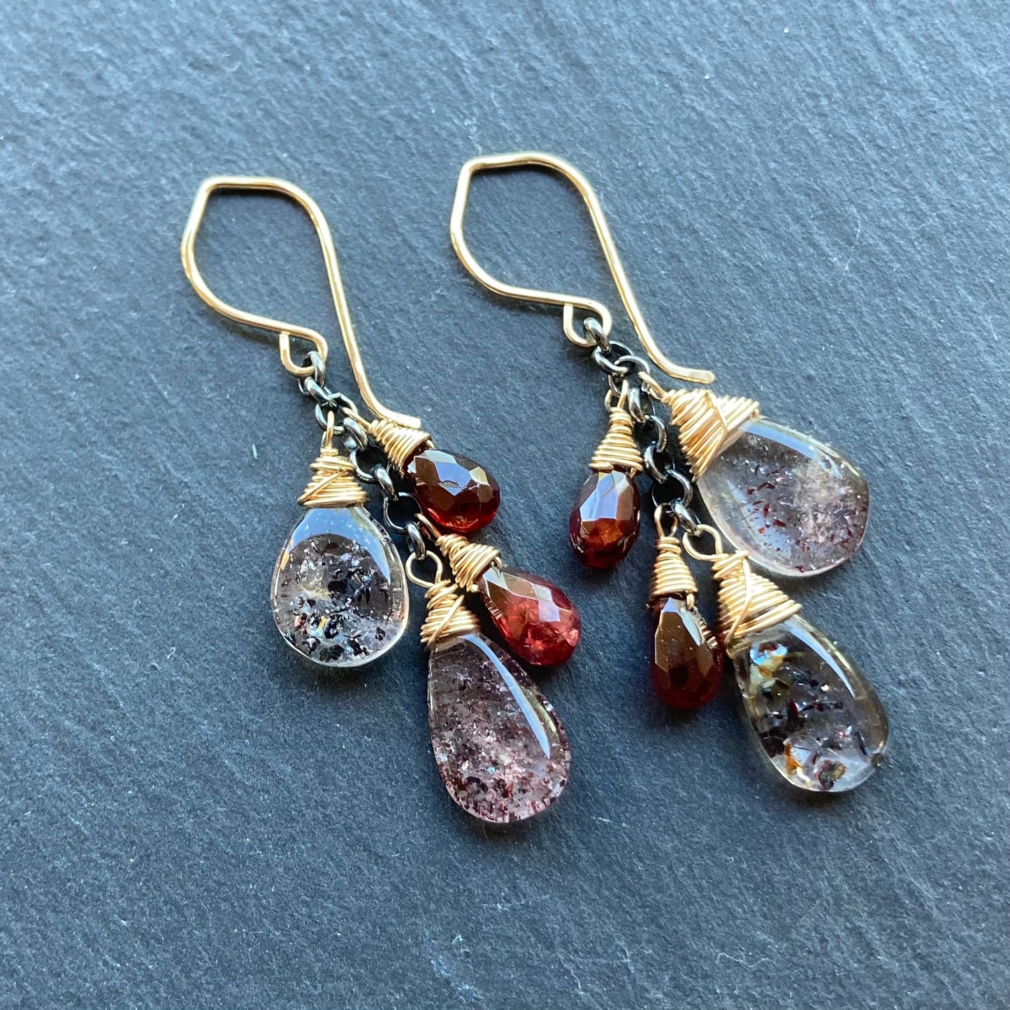 Lepidocrocite, Mozambique Garnet & Mixed Metal Cascade Earrings