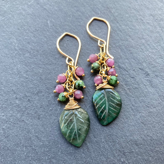 Emerald, Ruby Zoisite & Gold Earrings