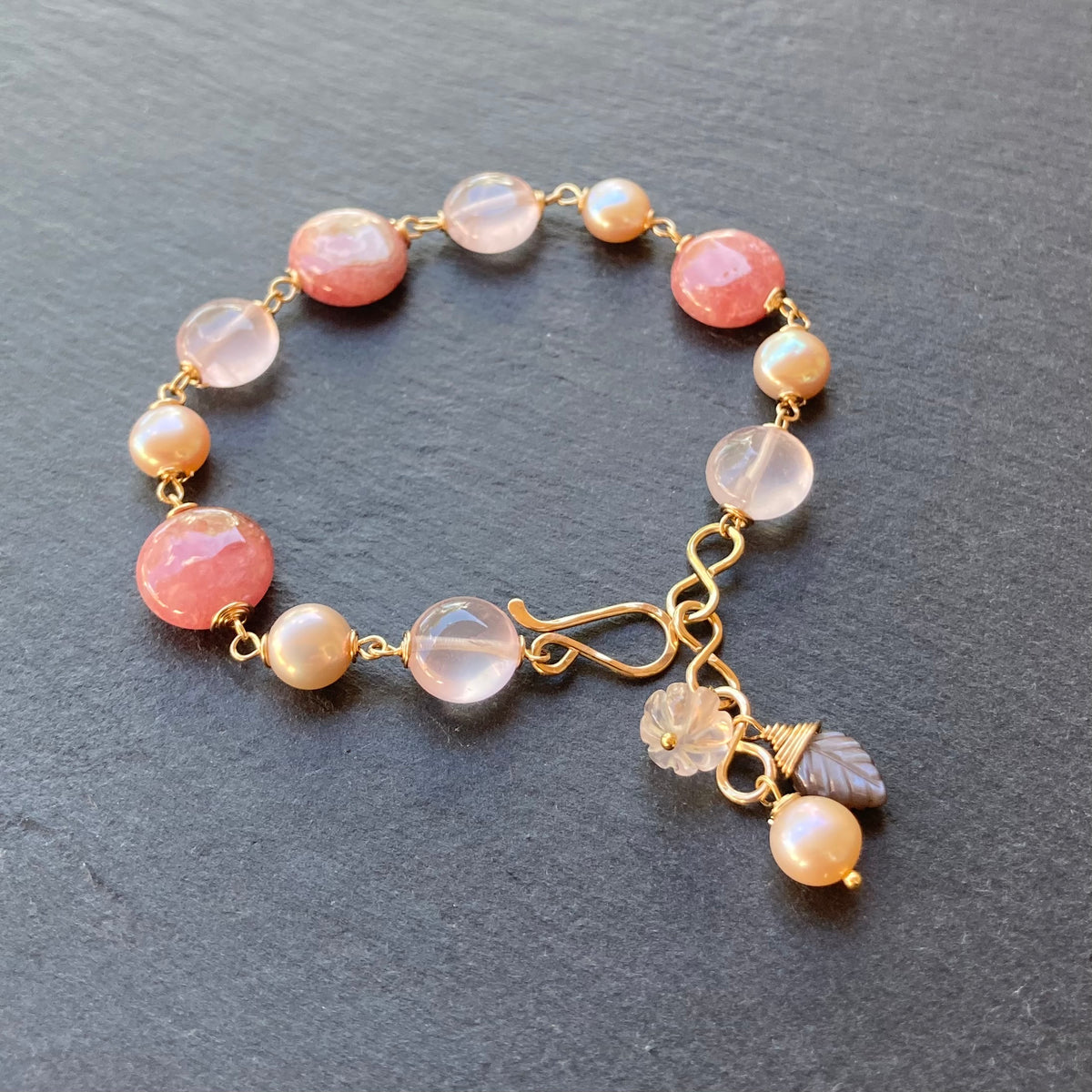 Rhodochrosite, Rose Quartz, Pearl & Gold Bracelet