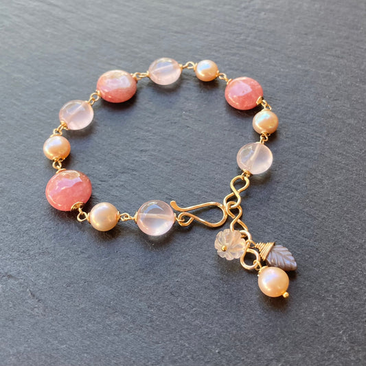 Rhodochrosite, Rose Quartz, Pearl & Gold Bracelet