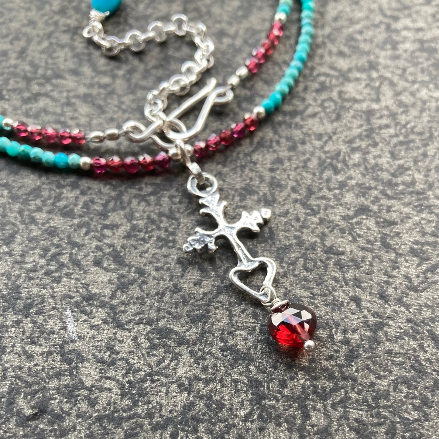 Arizona Turquoise, Mozambique Garnet & Sterling Silver Sacred Heart Cross Necklace