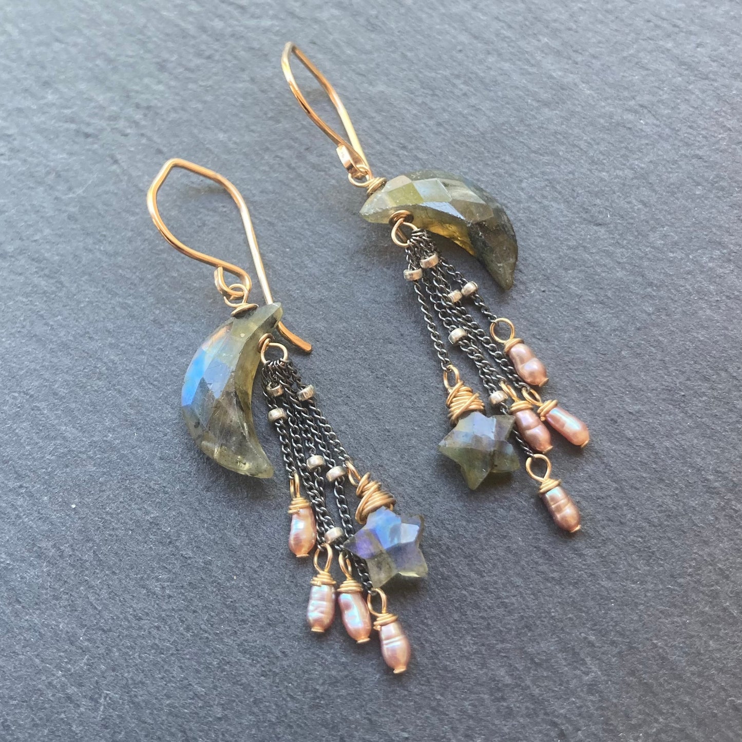 Labradorite, Mauve Pearl & Mixed Metal Crow Moon Earrings