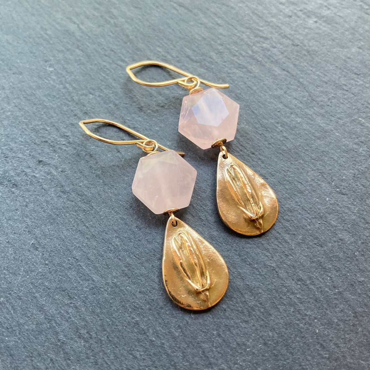 Rose Quartz, Gold & Bronze Earrings