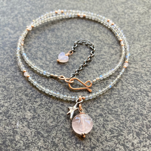 Rose Quartz, Labradorite & Mixed Metal Full Moon Pendant Necklace