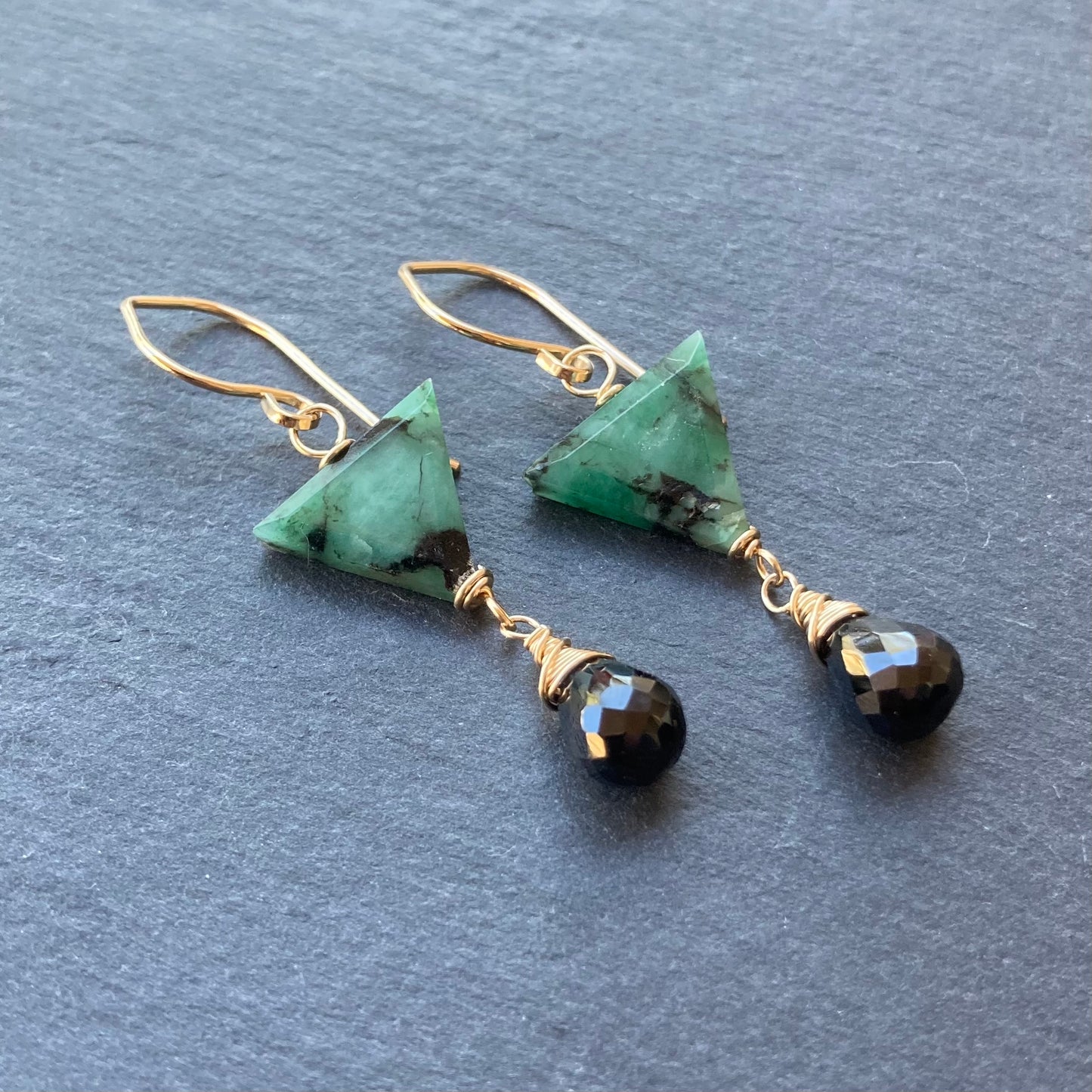 Natural Emerald, Black Onyx & Gold Earrings