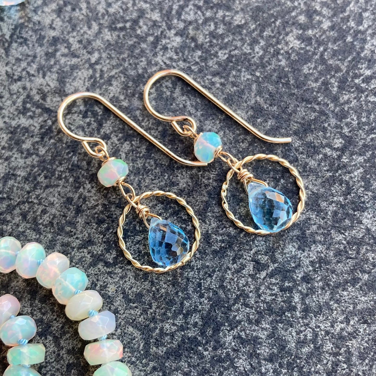 Blue Topaz, Ethiopian Opal & Gold Twisted Hoops