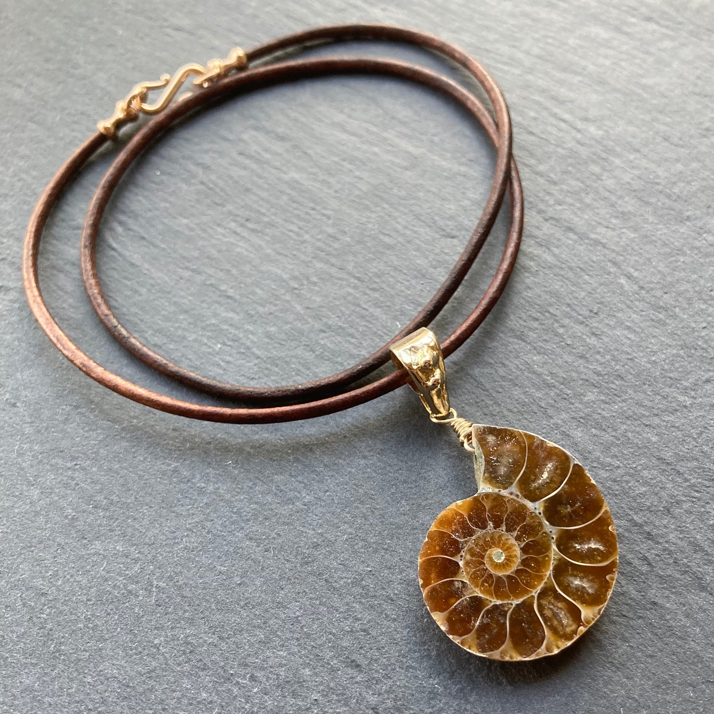 Natural Ammonite & Bronze Leather Choker (left facing)