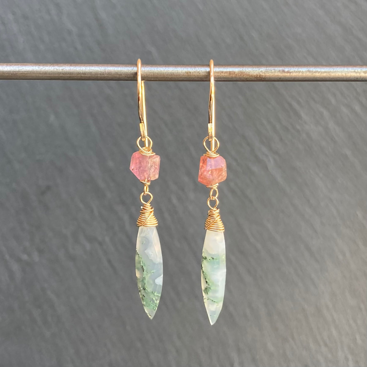 Moss Agate, Pink Tourmaline & Gold Marquis Earrings