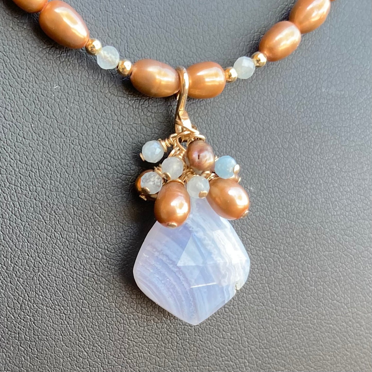 Blue Lace Agate, Copper Pearl & Aquamarine Pendant Necklace