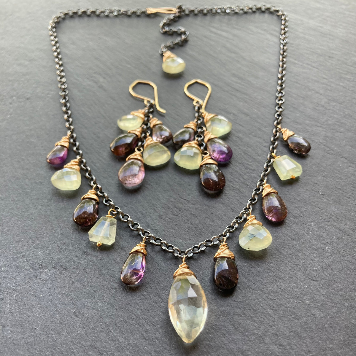 Moss Amethyst, Prehnite & Mixed Metal Charm Choker