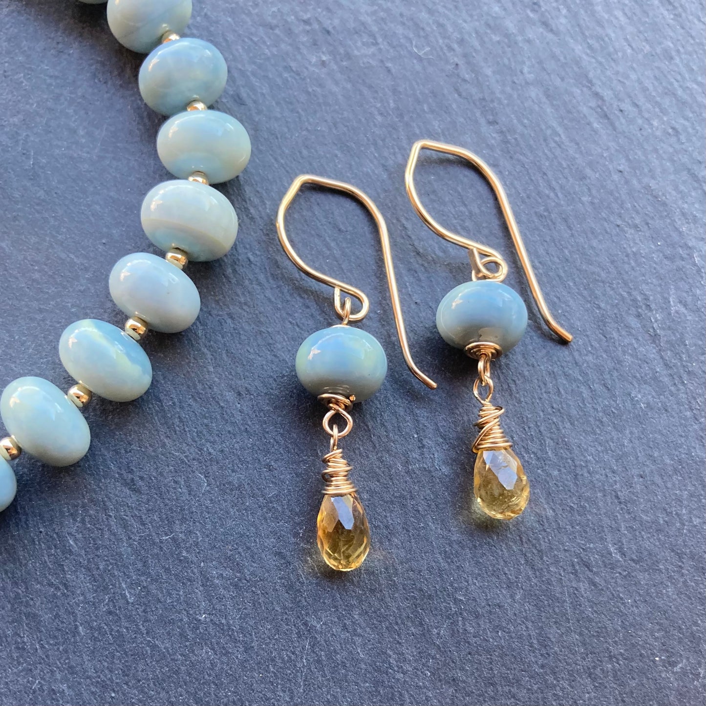 Owyhee Blue Opal, Citrine & Gold Earrings
