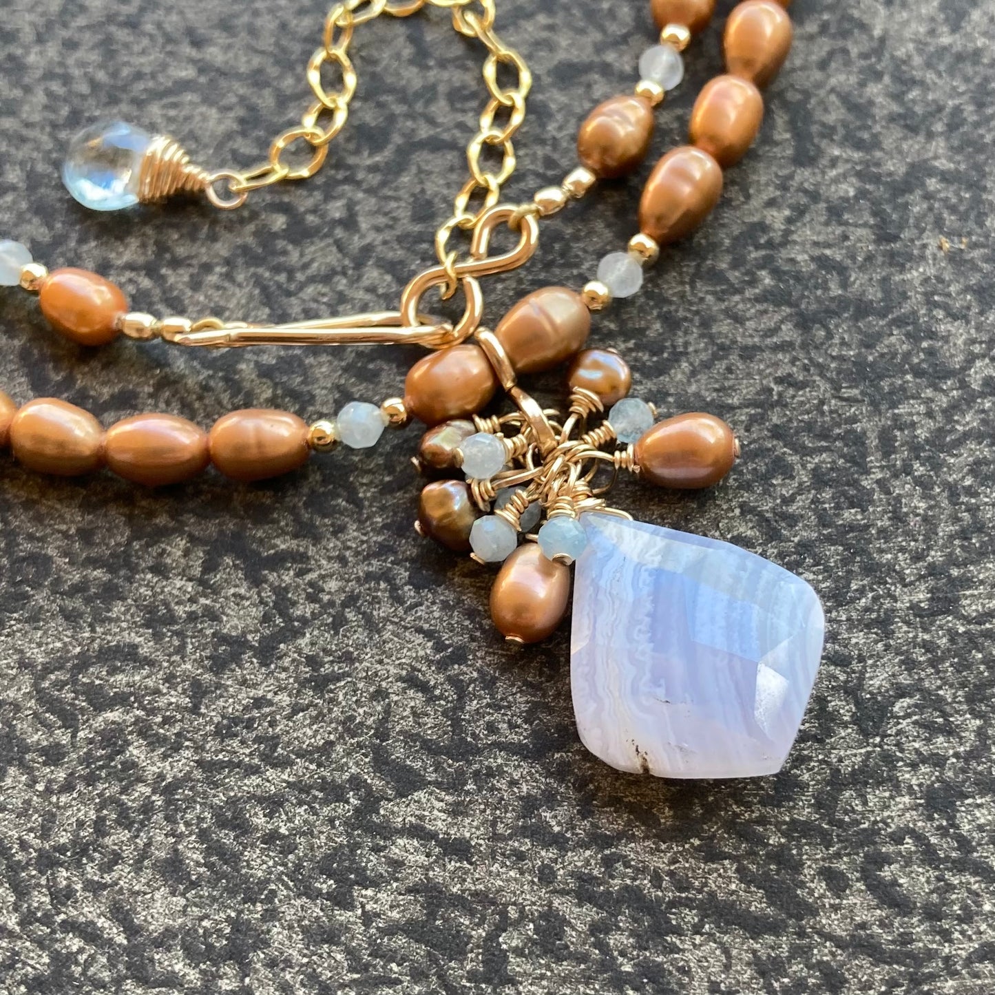 Blue Lace Agate, Copper Pearl & Aquamarine Pendant Necklace