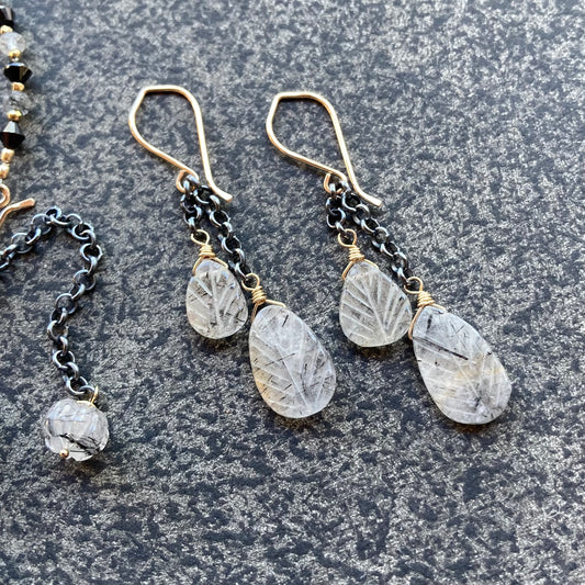 Black Rutilated Quartz & Mixed Metal Tassel Earrings