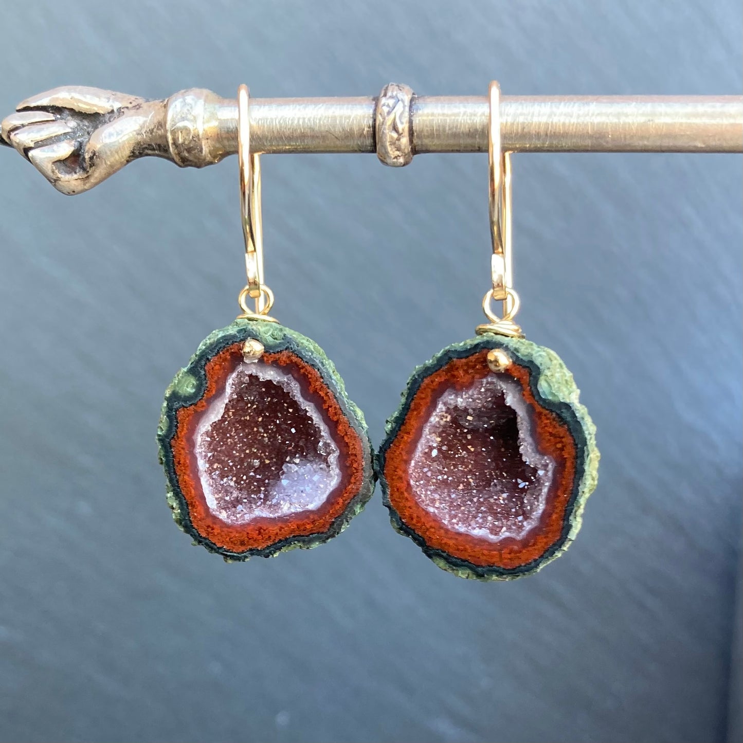 Red Druzy Tabasco Geode & Gold Earrings