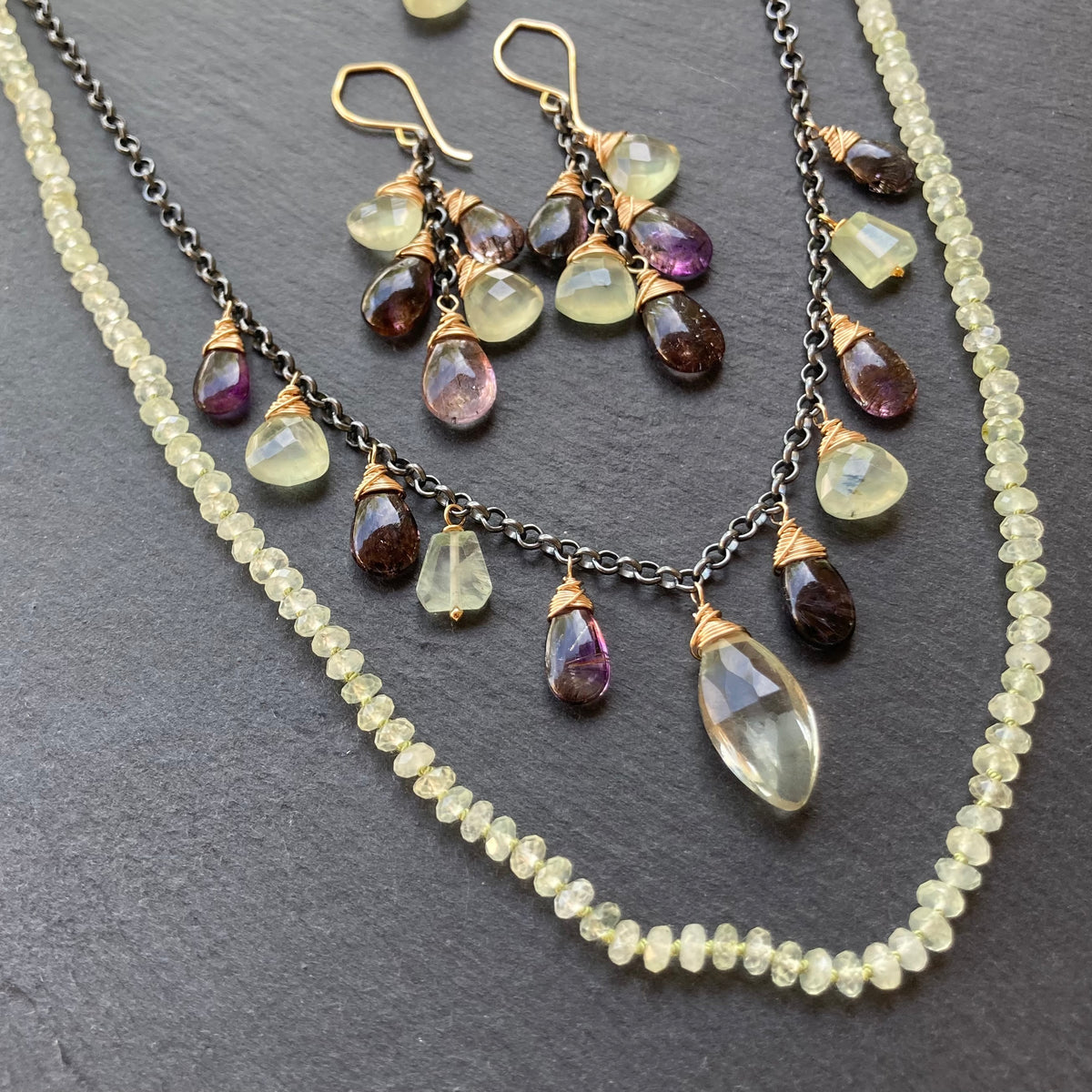 Moss Amethyst, Prehnite & Mixed Metal Charm Choker