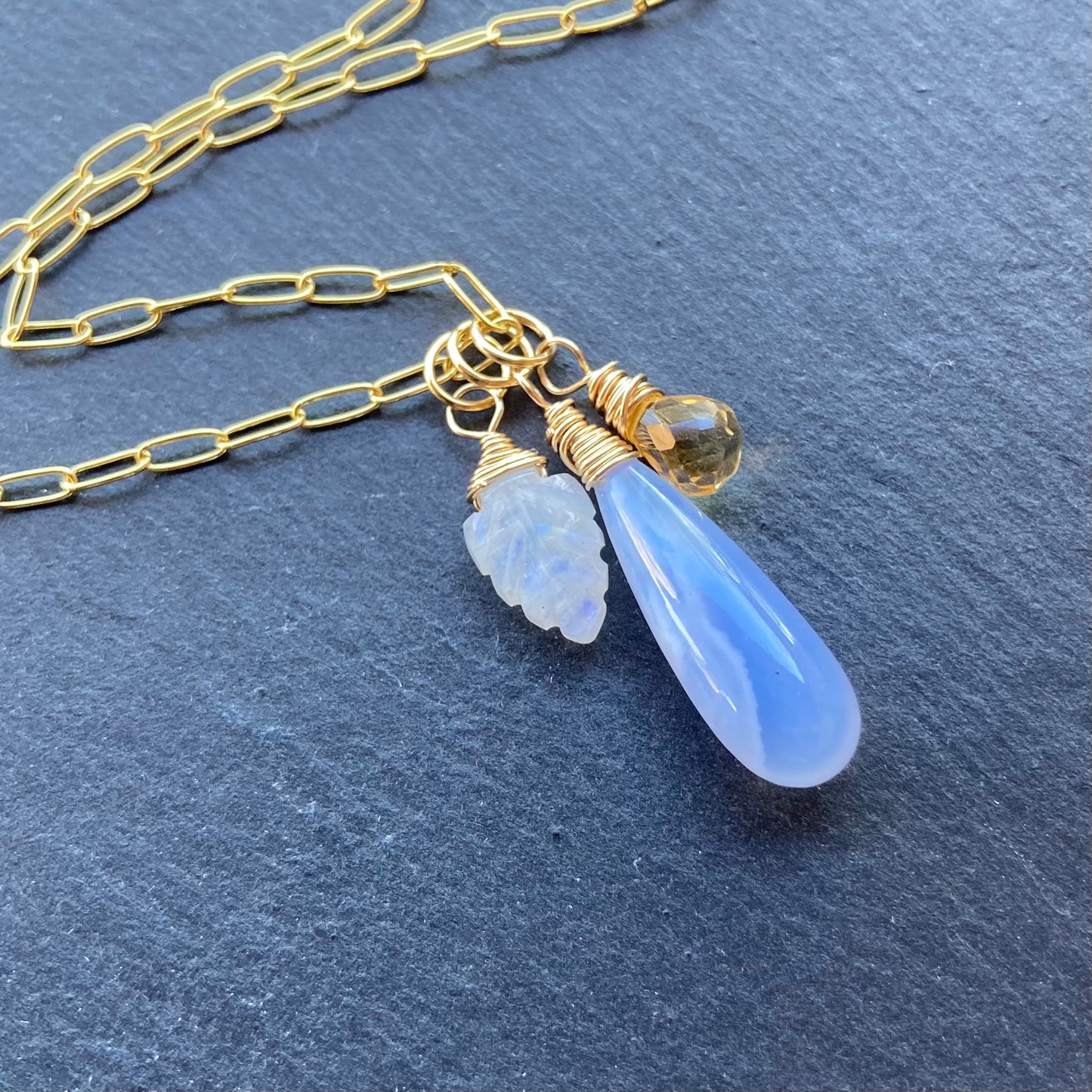 Blue Lace Agate, Rainbow Moonstone, Citrine & Gold Charm Necklace