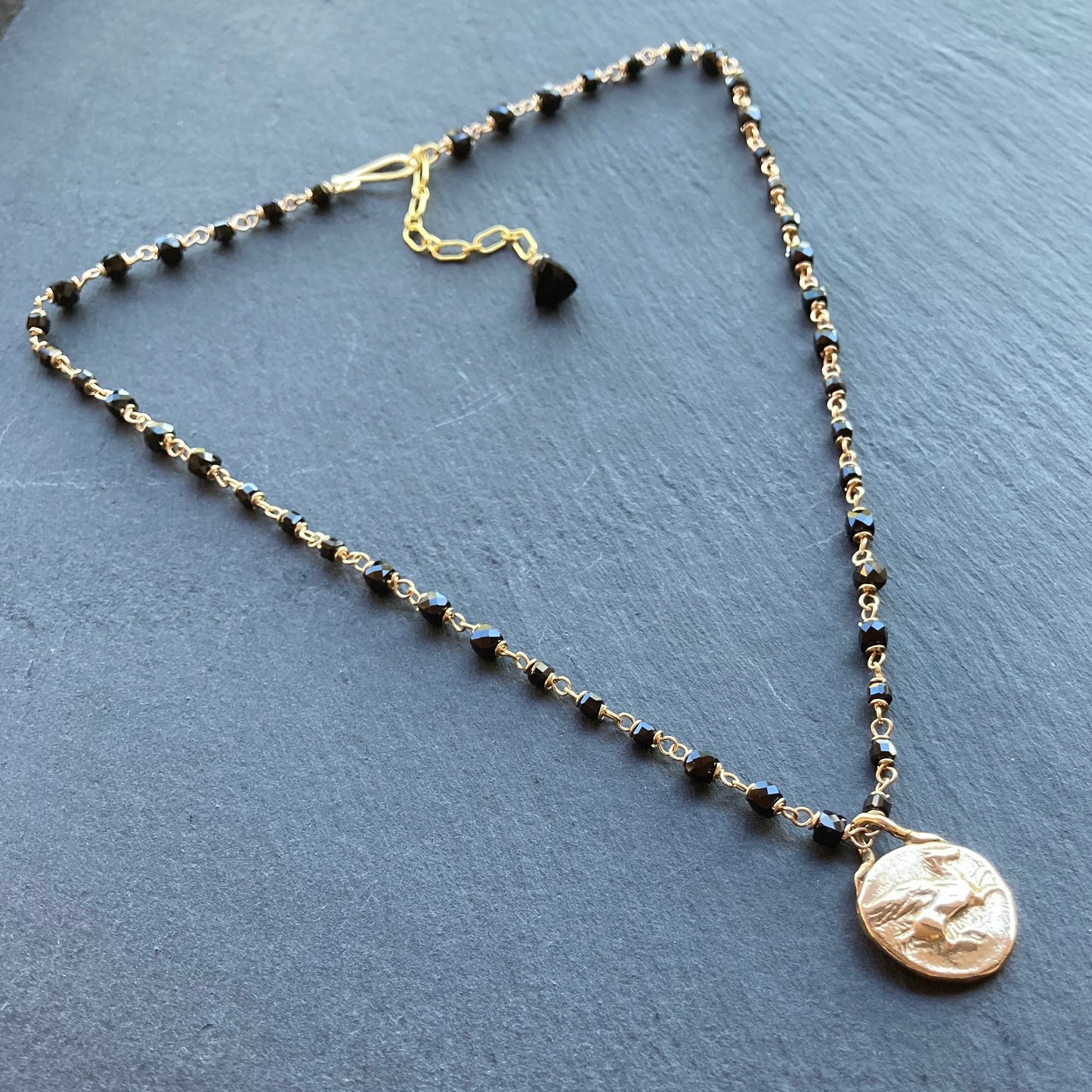Black Spinel, Gold & Bronze Pegasus & Athena Stater Coin Necklace