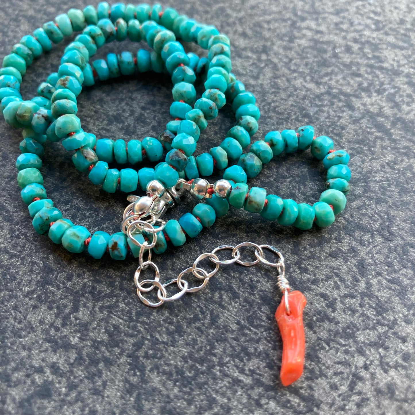 Arizona Turquoise Hand Knotted Coral Silk Necklace