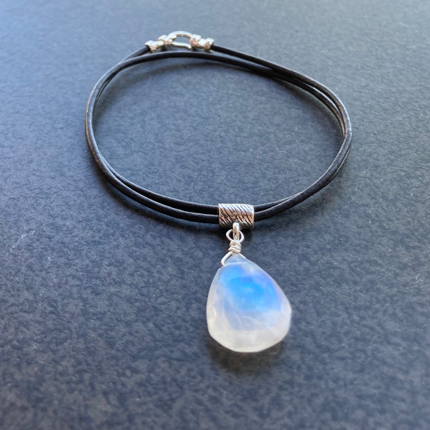 Rainbow Moonstone & Sterling Silver Leather Choker