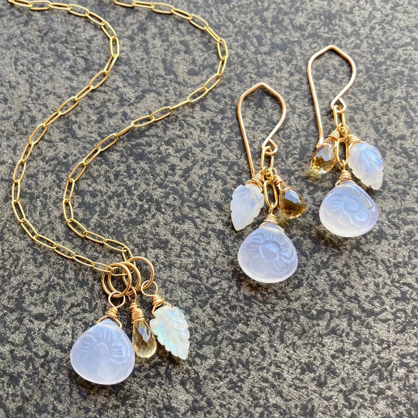 Blue Chalcedony, Rainbow Moonstone, Citrine & Gold Charm Necklace