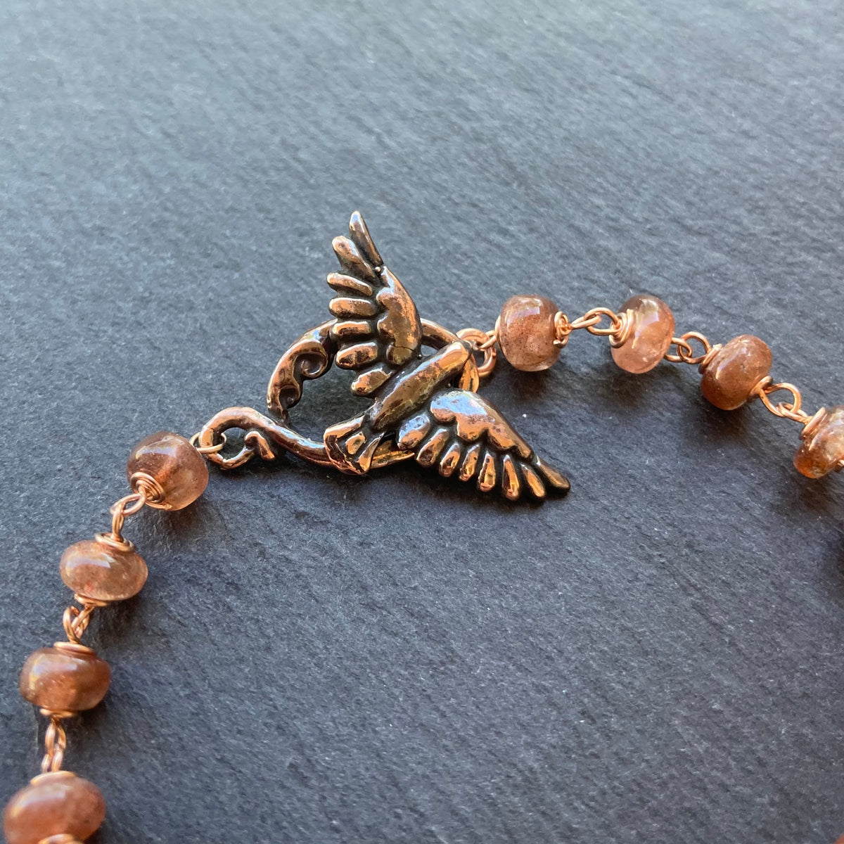 Sunstone, Rose Gold & Shibuichi Bird Toggle Bracelet