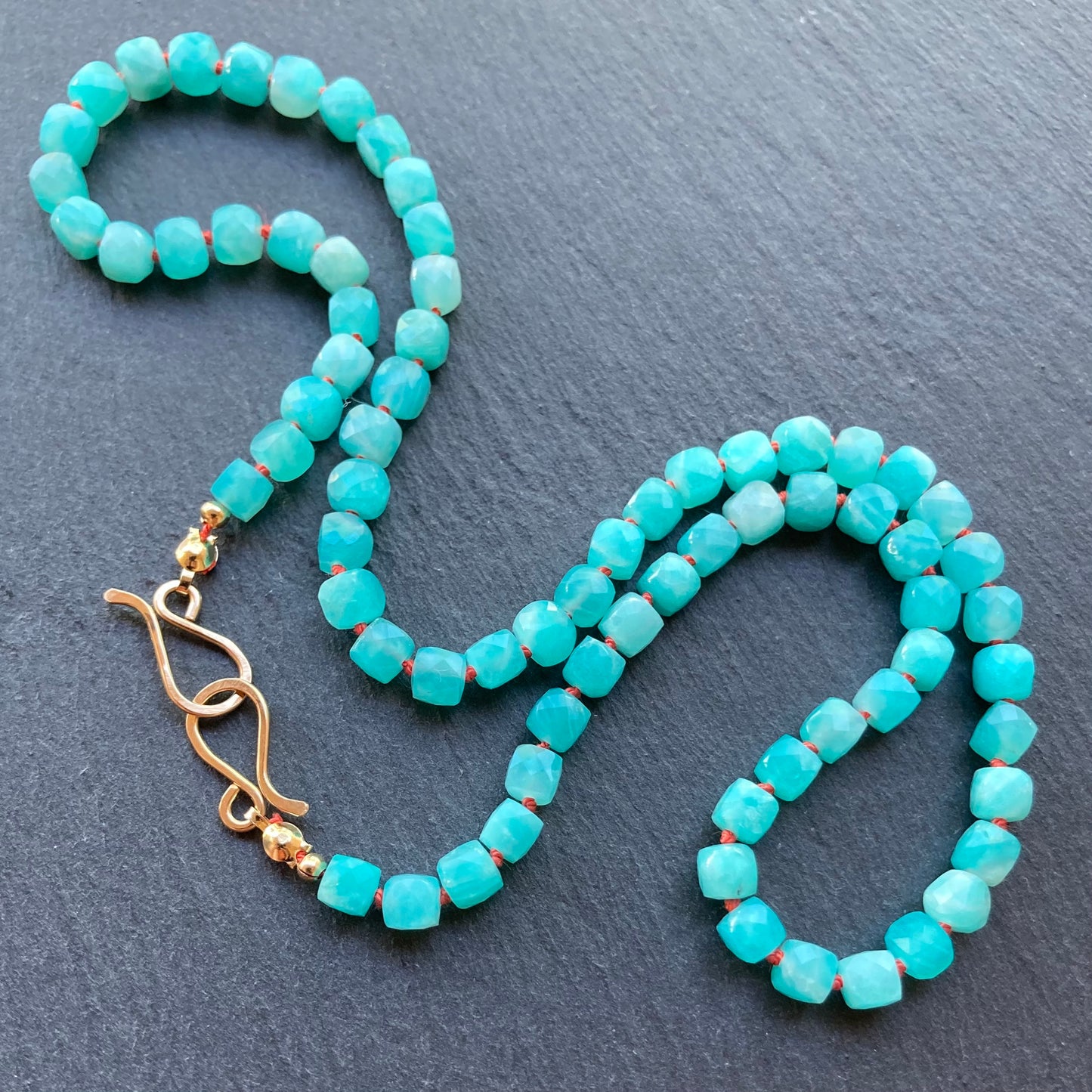 Amazonite Hand Knotted Coral Silk Necklace with Removable Kingman Turquoise & Spiny Oyster Pendant