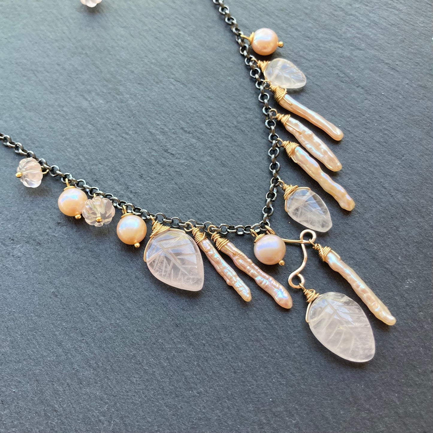 Rose Quartz, Pink Freshwater Pearl & Mixed Metal Asymmetrical Charm Choker