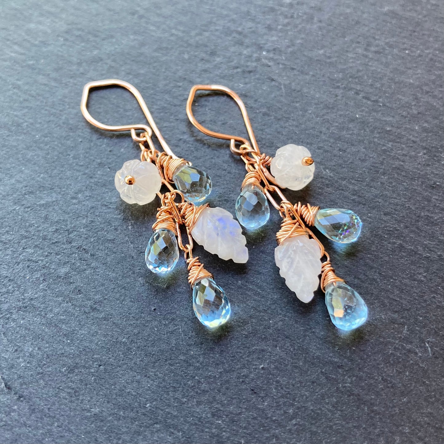 Blue Topaz, Rainbow Moonstone & Rose Gold Cascade Earrings