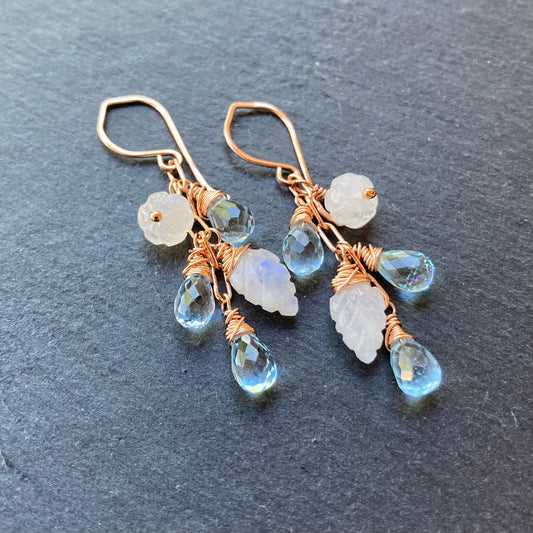 Blue Topaz, Rainbow Moonstone & Rose Gold Cascade Earrings