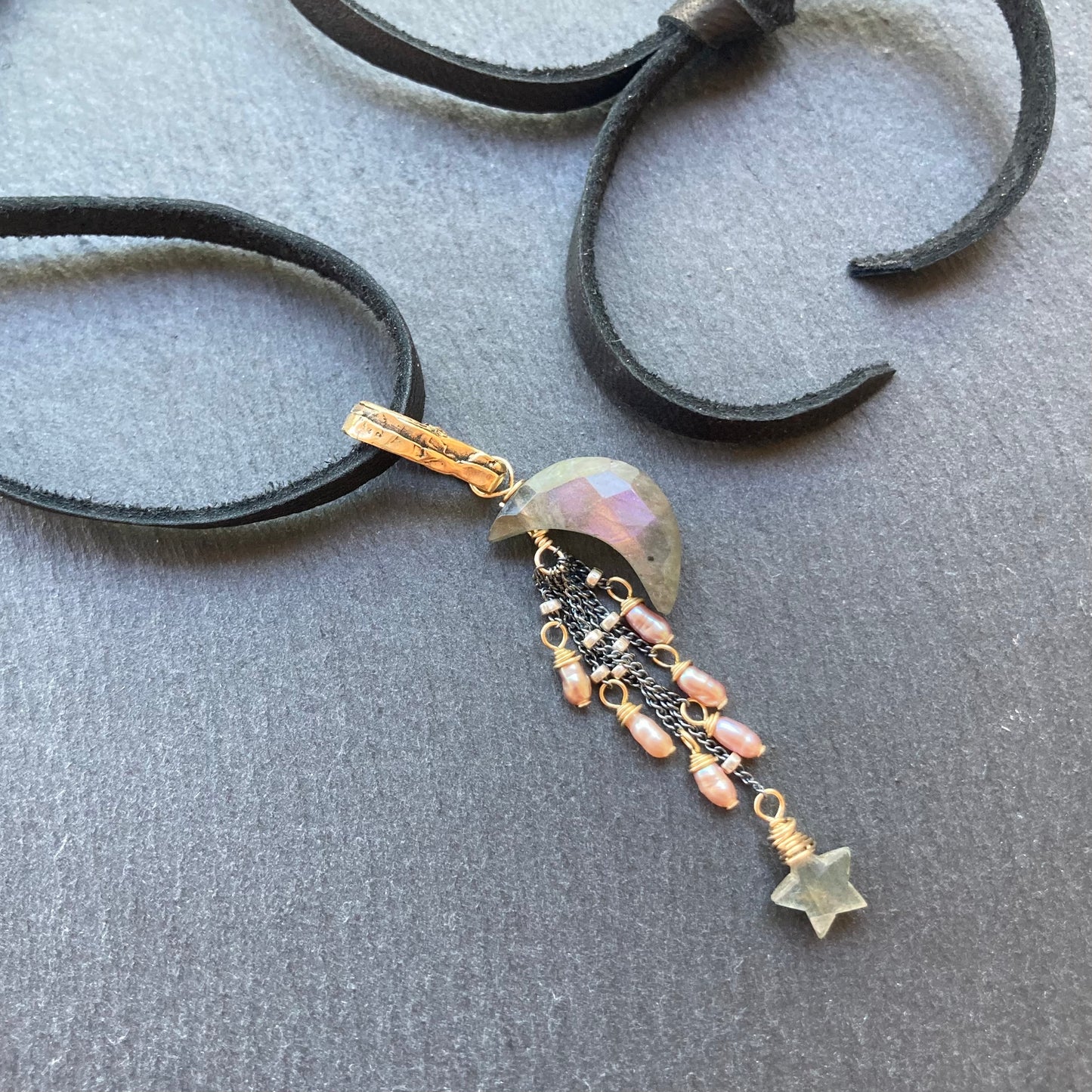 Labradorite, Mauve Pearl & Mixed Metal Falling Star Deerskin Leather Choker