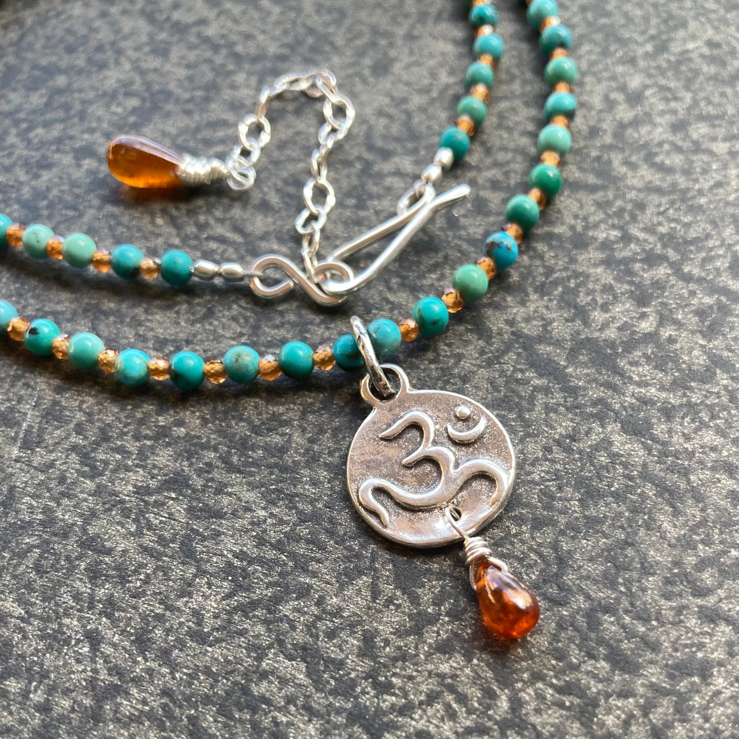 Hubei Turquoise, Hessonite Garnet & Sterling Silver Om Coin Pendant Necklace