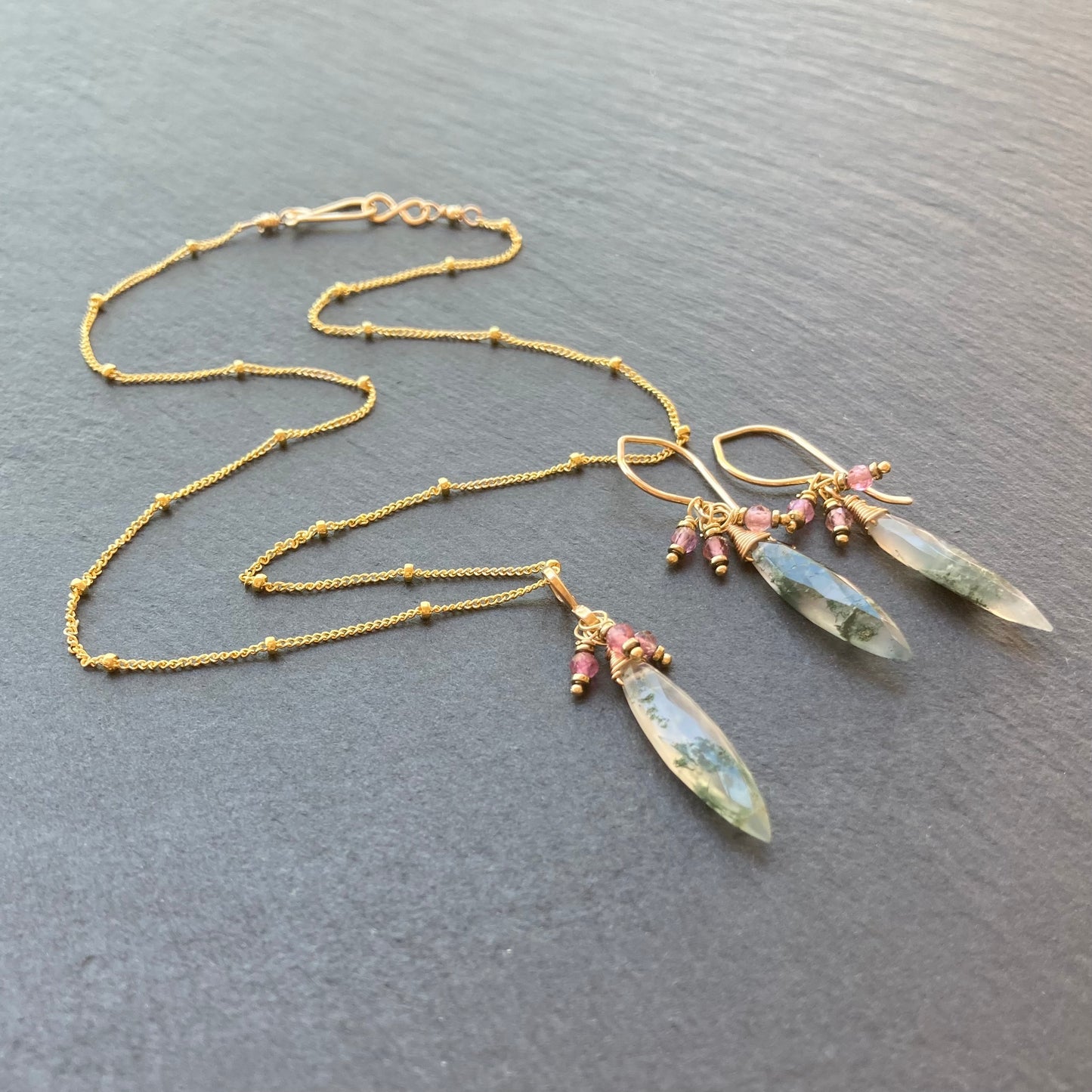 Moss Agate, Pink Tourmaline & Gold Marquis Pendant Necklace