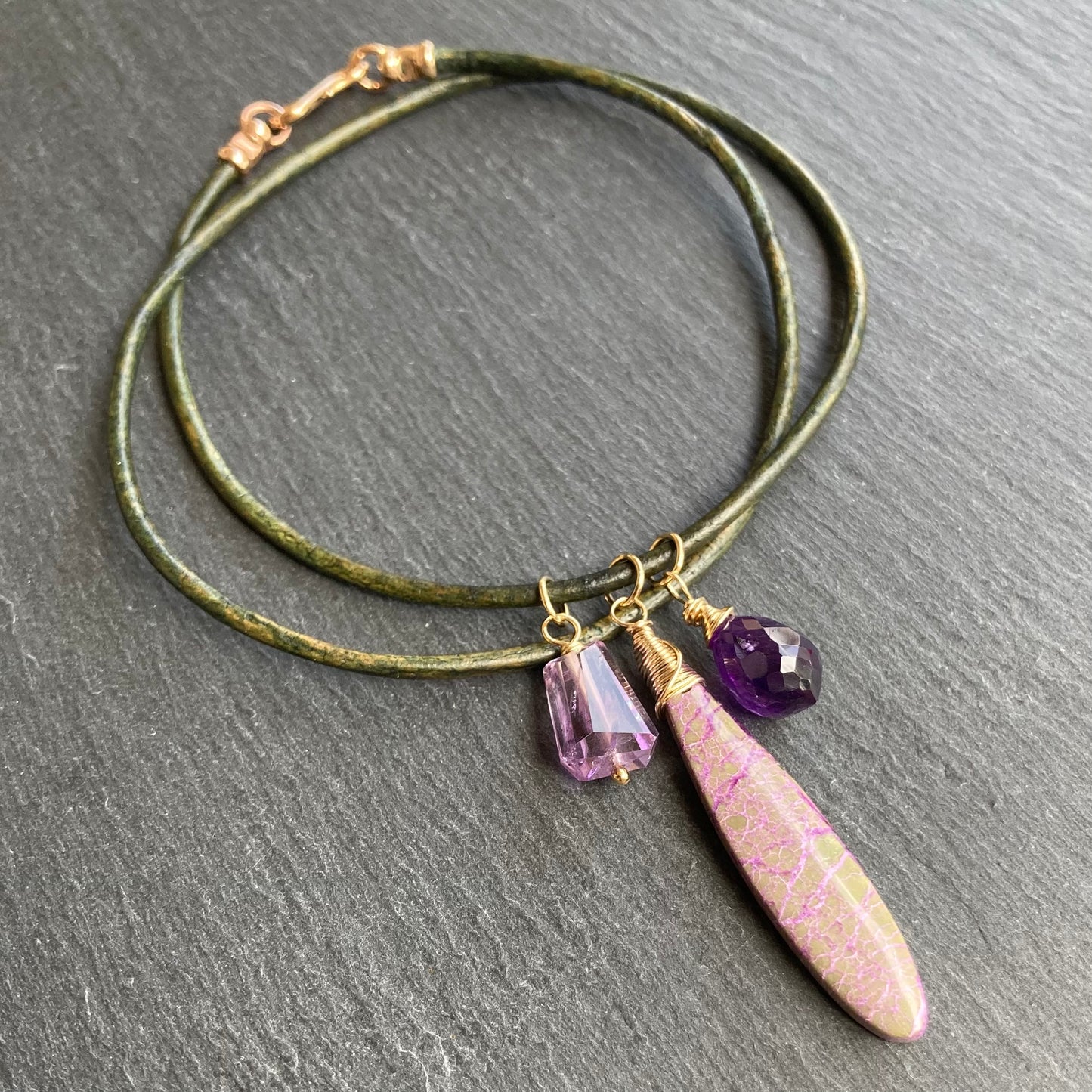 Atlantisite Stichtite, Amethyst & Gold Leather Choker
