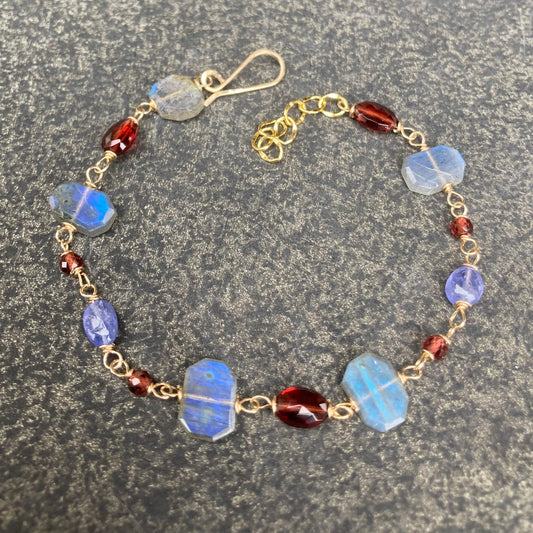 Labradorite, Mozambique Garnet, Tanzanite & 14k Gold Bracelet