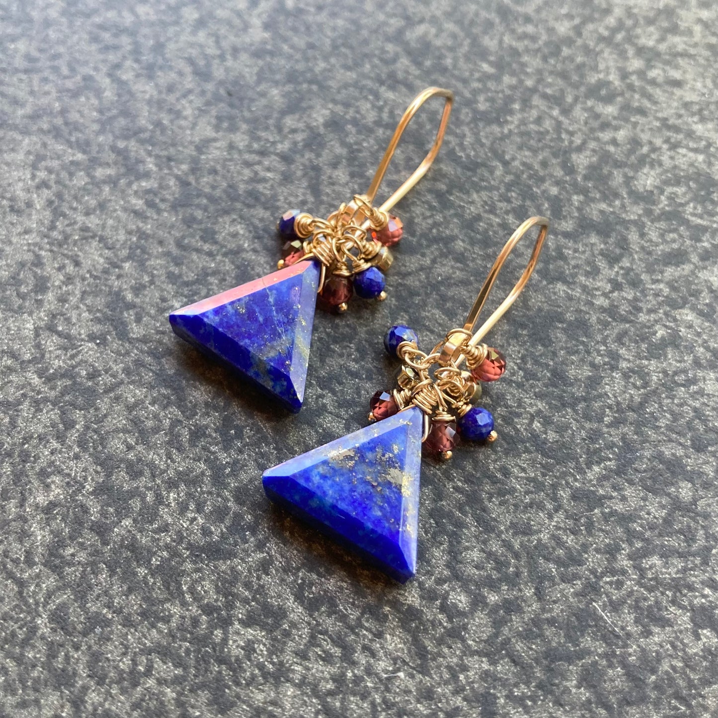 Lapis, Mozambique Garnet, Pyrite & Gold Triangle Cluster Earrings