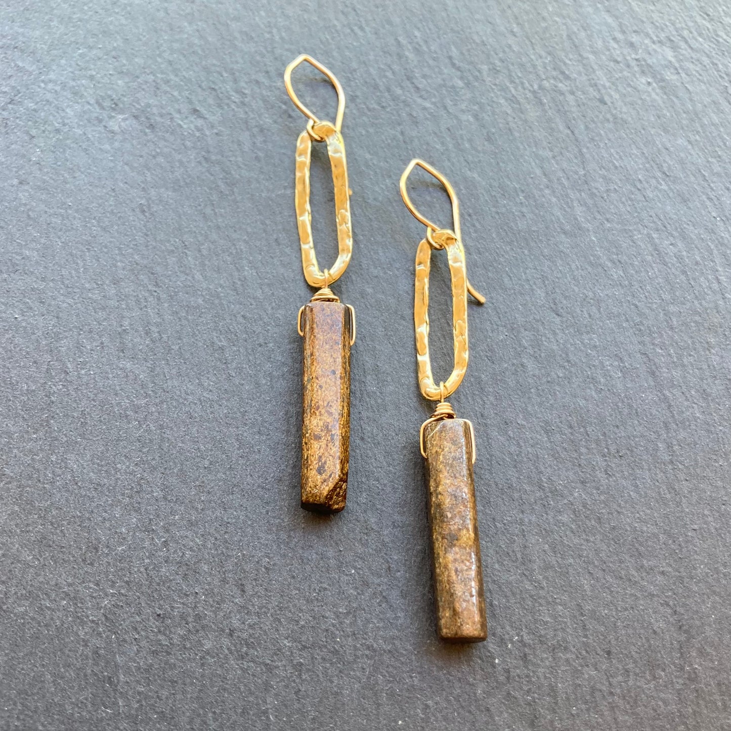 Bronzite, Gold & Bronze Long Drop Earrings