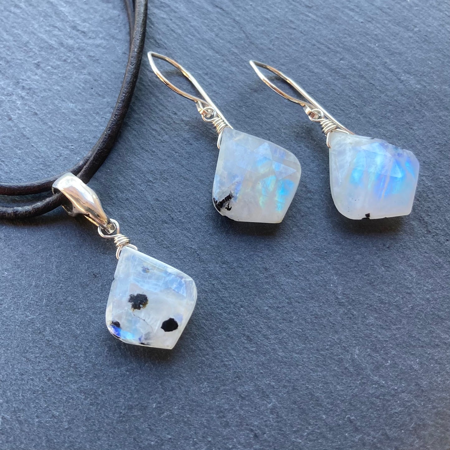 Tourmalinated Rainbow Moonstone & Sterling Silver Leather Choker