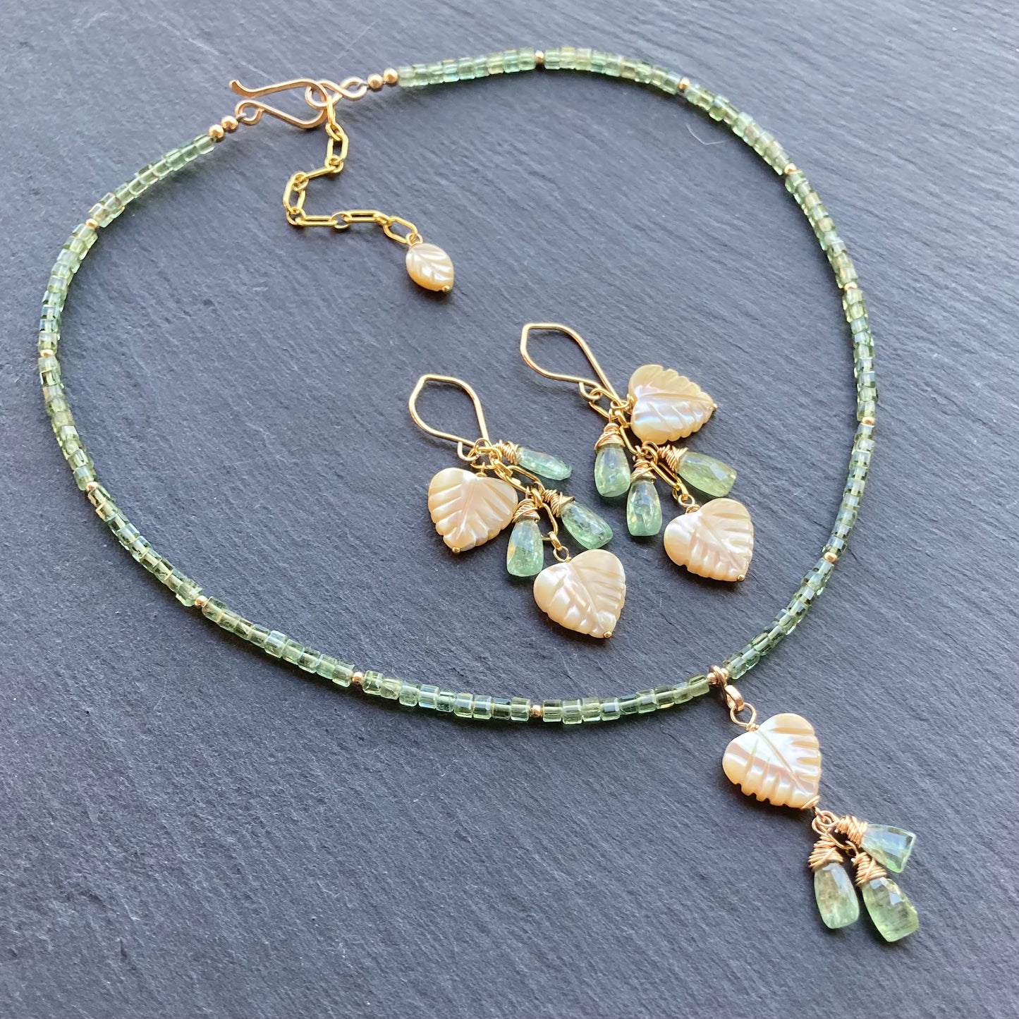 Mother of Pearl, Green Kyanite & Gold Palm Heart Earrings