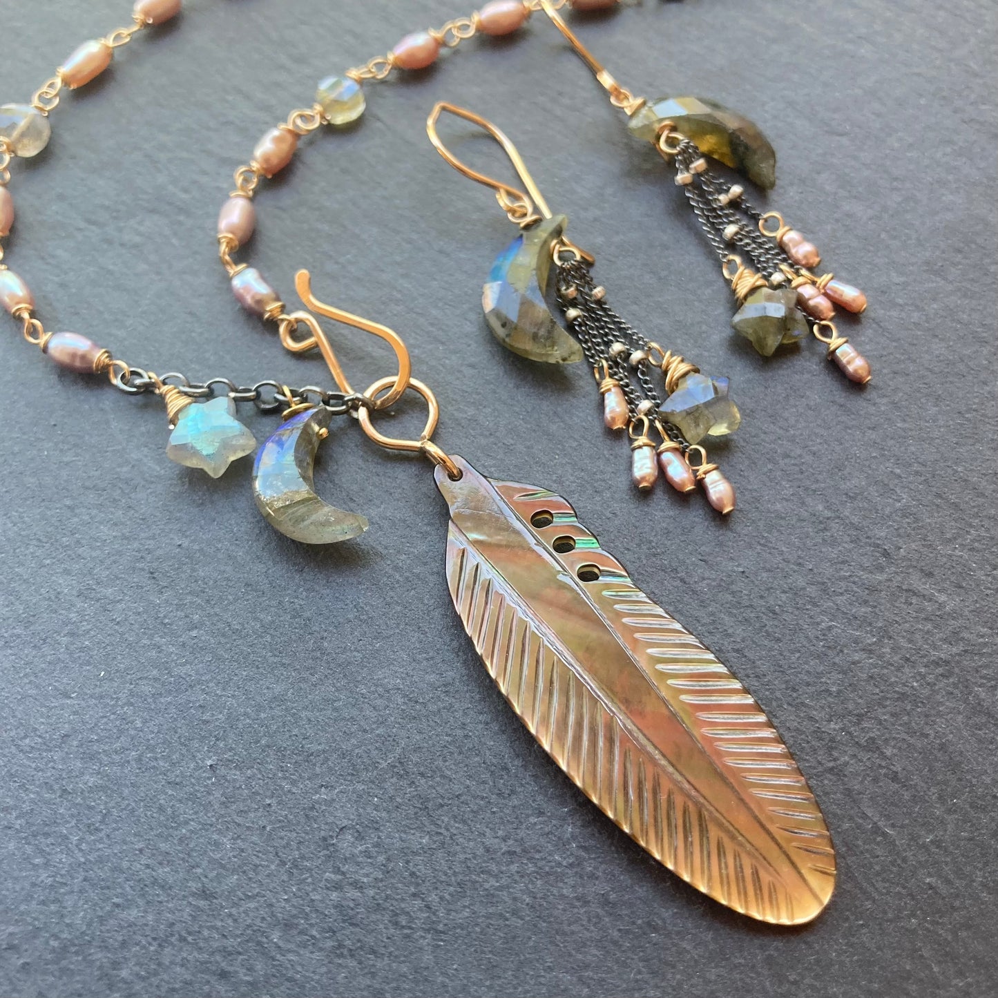 Black Mother of Pearl, Labradorite & Mixed Metal Crow Moon Necklace