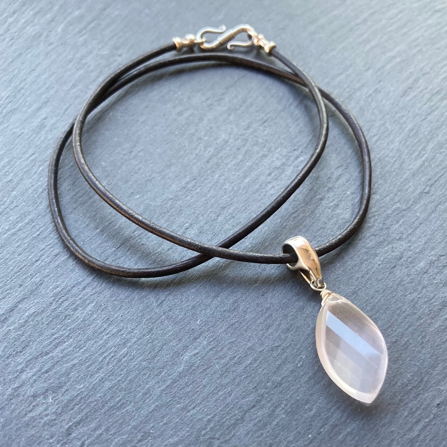 Rose Quartz & Sterling Silver Black Leather Choker