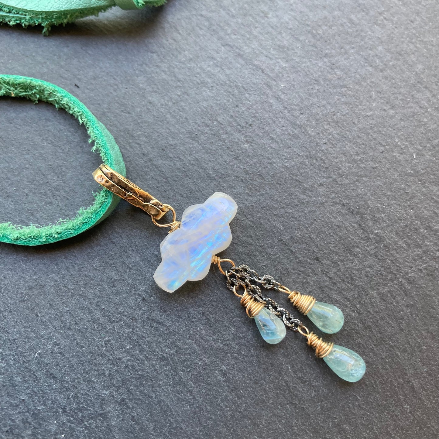 Rainbow Moonstone, Aqua Kyanite & Mixed Metal Monsoon Deertan Leather Choker