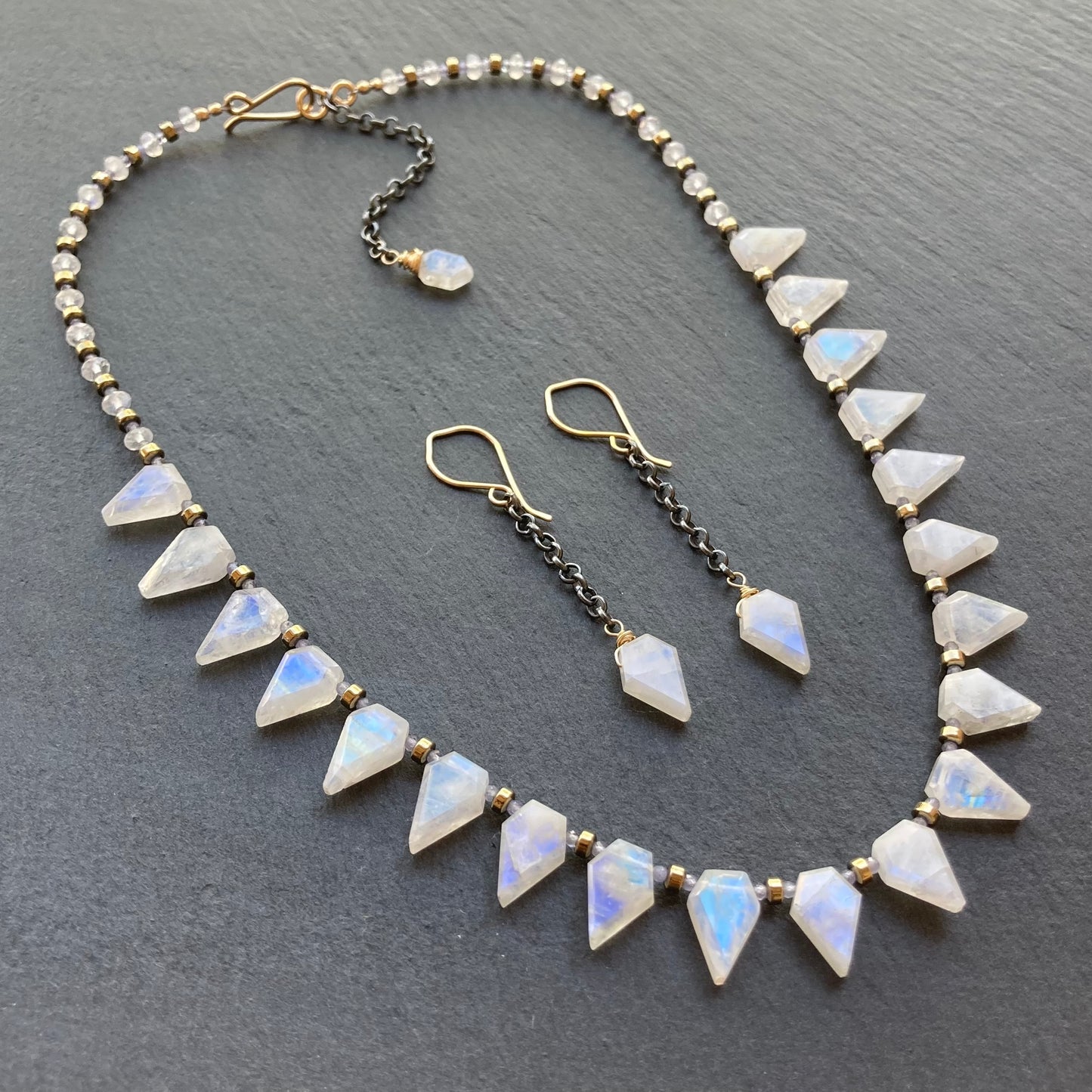 Rainbow Moonstone & Mixed Metal Arrowhead Earrings