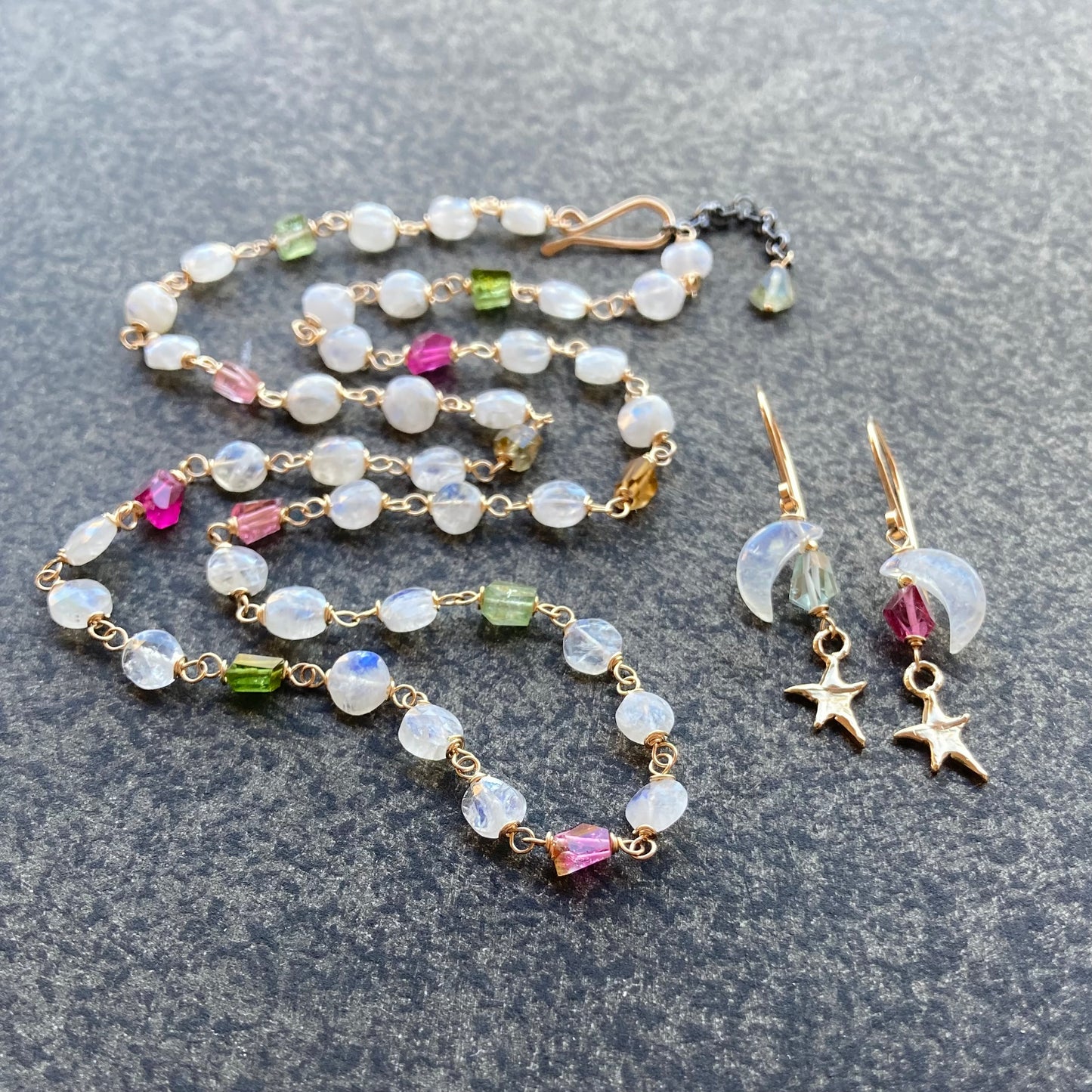 Rainbow Moonstone, Tourmaline, Gold & Bronze Falling Star Earrings