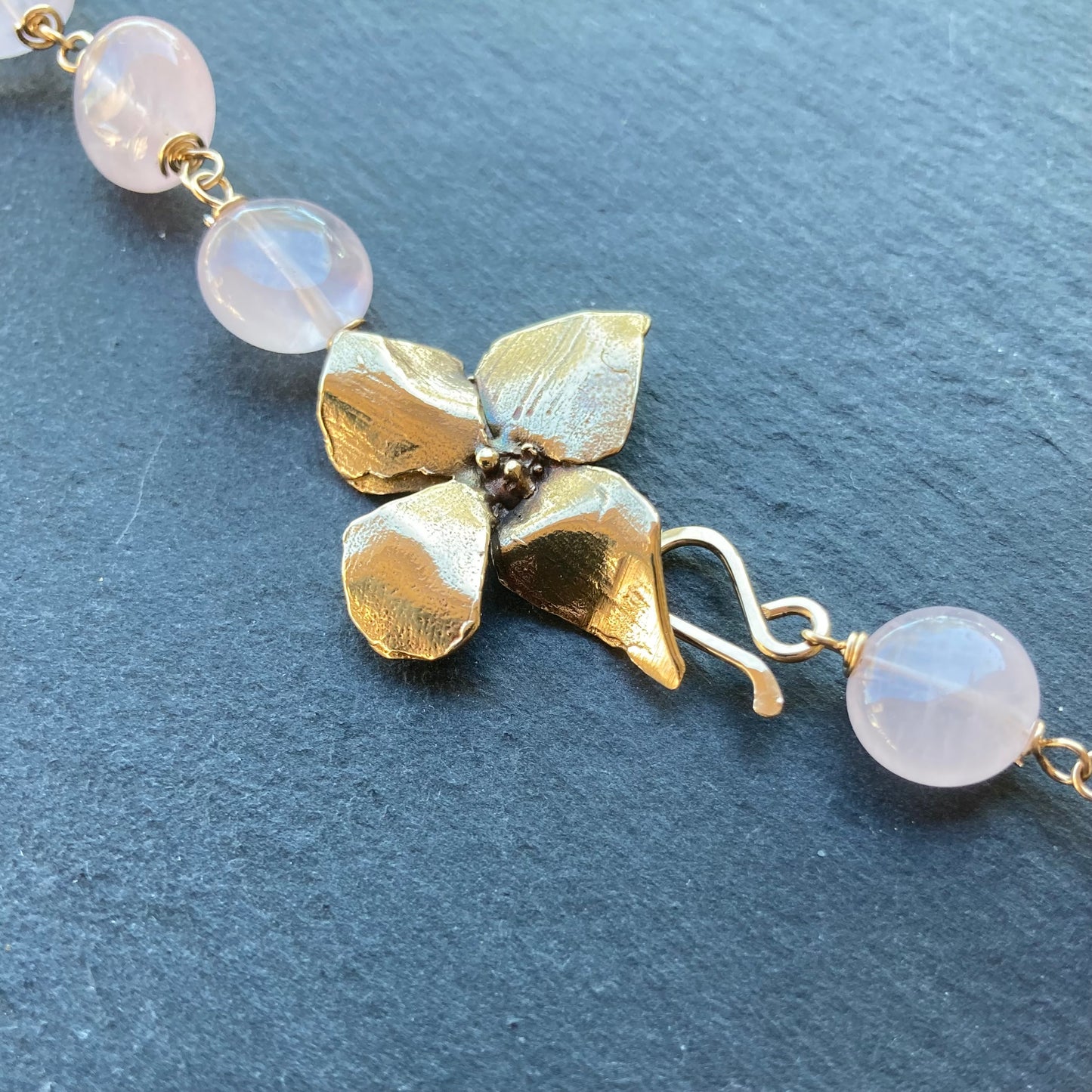 Rose Quartz, Gold & Bronze Evening Primrose Necklace