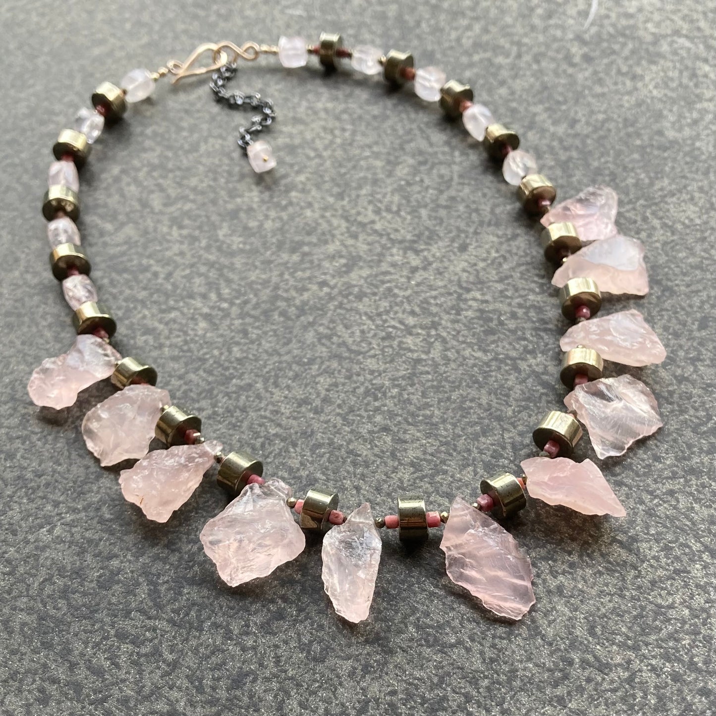 Raw Rose Quartz, Pyrite, Rhodonite & Mixed Metal Collar