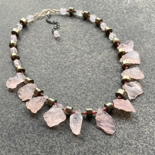 Raw Rose Quartz, Pyrite, Rhodonite & Mixed Metal Collar