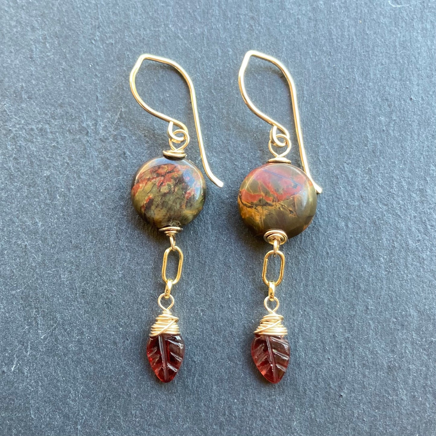 Red Creek Jasper, Mozambique Garnet & Gold Earrings