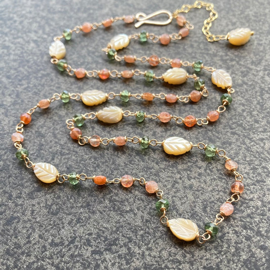 Oregon Sunstone, Green Apatite, Mother of Pearl & Gold Necklace