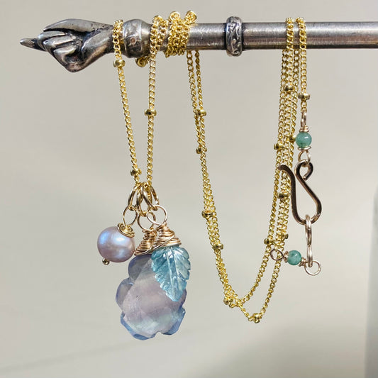 Rainbow Fluorite, Emerald, Pearl & Gold Charm Necklace