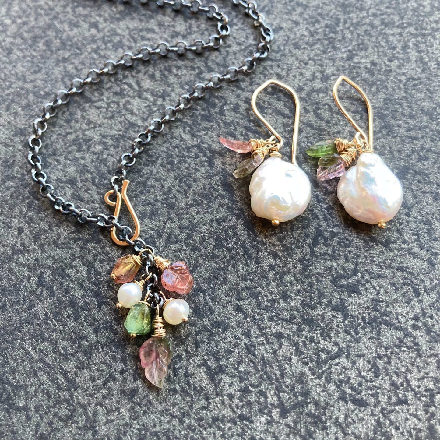 Watermelon Tourmaline Freshwater Coin Pearl & Gold Leaf Earrings